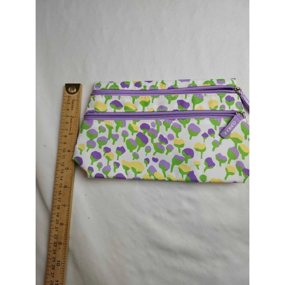 Clinique Floral Makeup Bag Purple Yellow Green Double Zip Cosmetic Pouch Travel